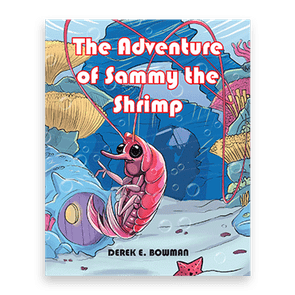 Shrimp swims joyfully in a vibrant underwater scene with coral and bubbles. Text: 