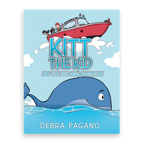 A red boat with people sails above a blue whale in the ocean. Book title: 