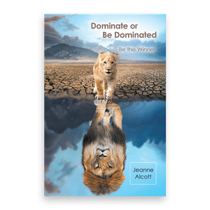 Lion walking across cracked earth, reflected as a lion in water; mountains and sky in the background. Text: 