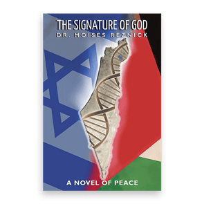 Map with DNA helix overlay divides Israeli and Palestinian flags. Title 