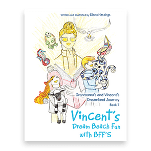 Characters enjoying a dreamlike journey; a woman with bun, children, and animals surround a glowing storybook. Text: 