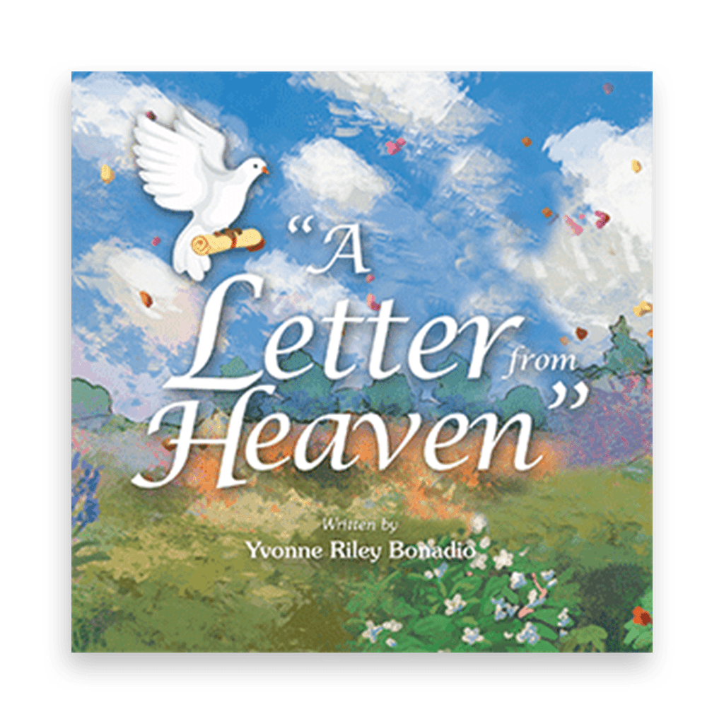 Dove carrying scroll flies through a vibrant sky with clouds. Text: 