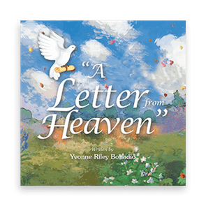 Dove carrying scroll flies through a vibrant sky with clouds. Text: 