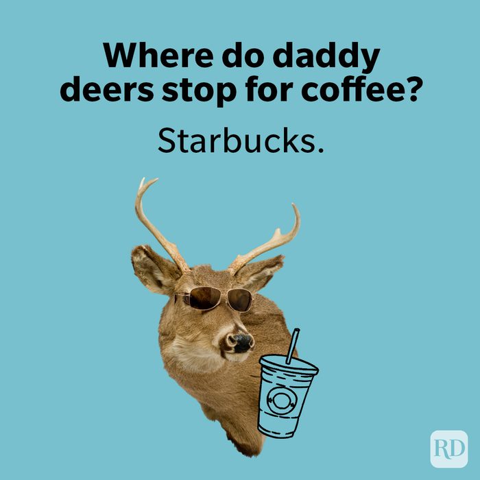 Deer wears sunglasses, holds a coffee cup against a blue background with text: “Where do daddy deers stop for coffee? Starbucks.â€