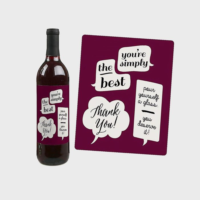 Wine bottle displays text bubbles with phrases: 