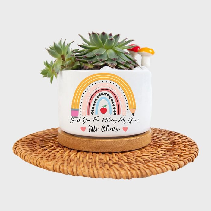 Succulent sits in a decorated white pot, featuring a rainbow design and personalized message, on a woven placemat.