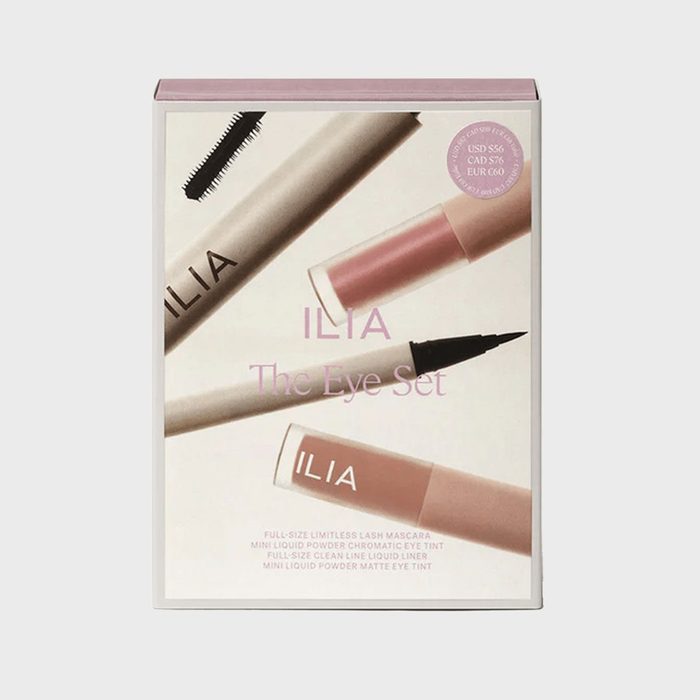 Box displays Ilia eye makeup set featuring mascara, eye tint, and liner; text describes the contents and prices in USD, CAD, and EUR.