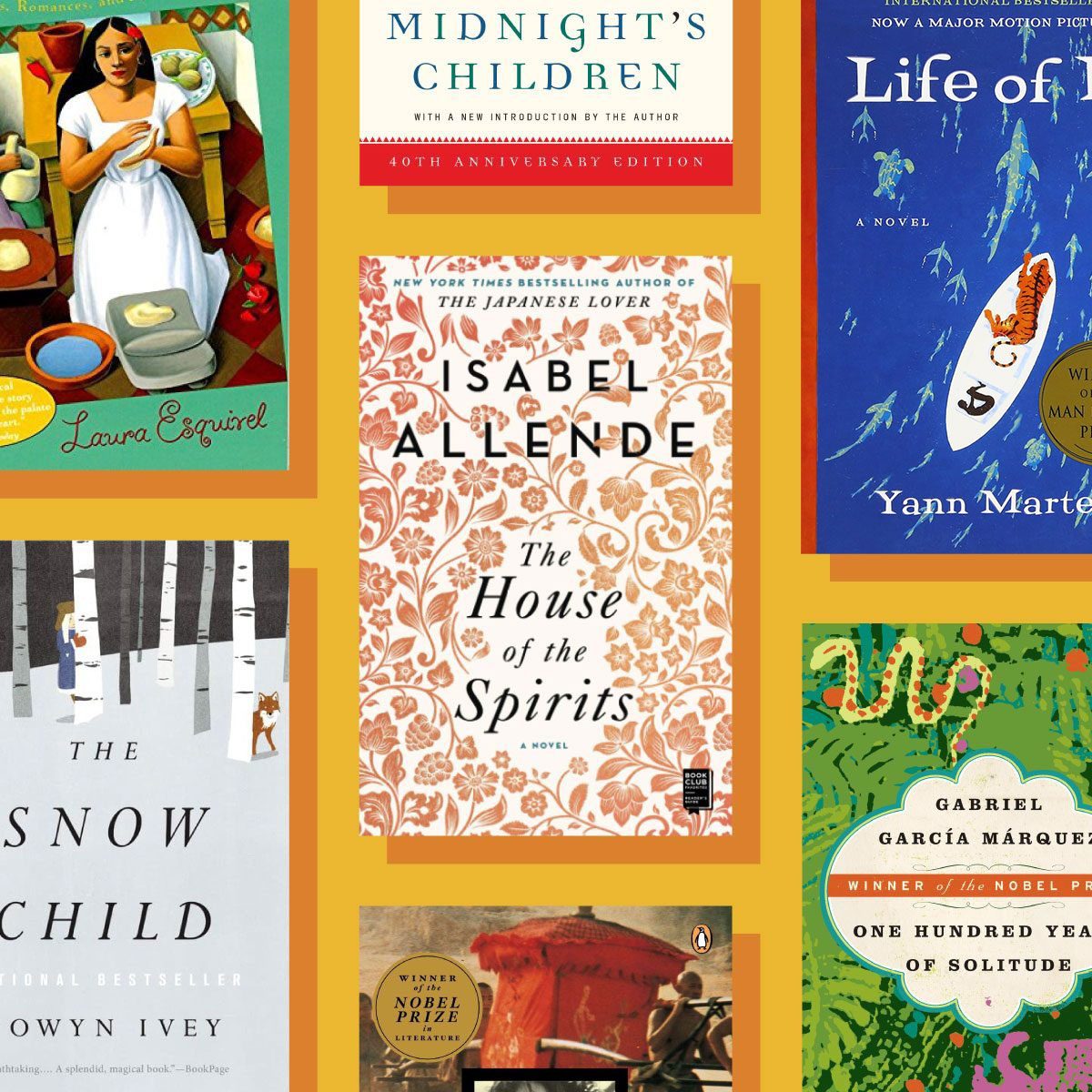 Book covers displayed include: "Midnight's Children," "Life of Pi," "The House of the Spirits," "The Snow Child," "One Hundred Years of Solitude." Background is orange.