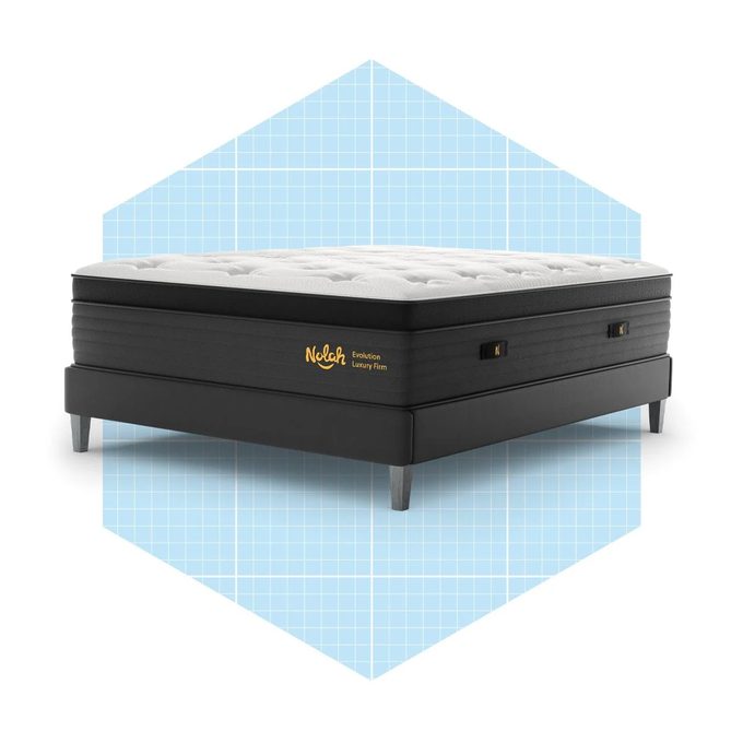 Mattress rests on a bed frame; background features a light blue grid. Text reads 
