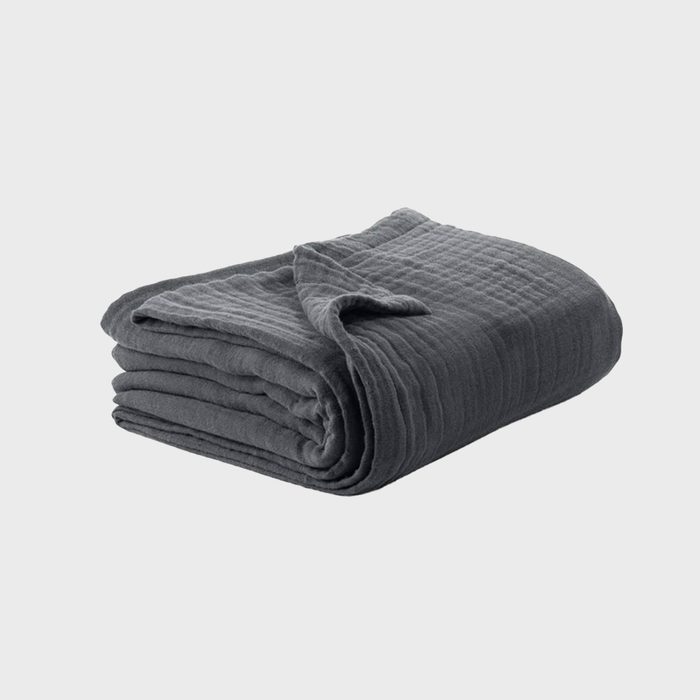 Gray blanket lying folded on a plain, light gray background, displaying its soft texture and slight sheen.
