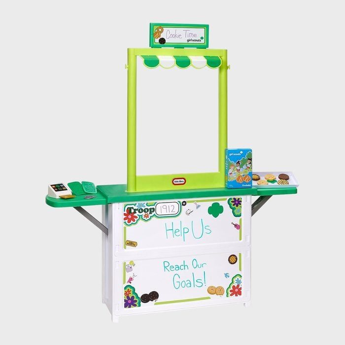Counter with display frame holds cookies; features signs that say, 