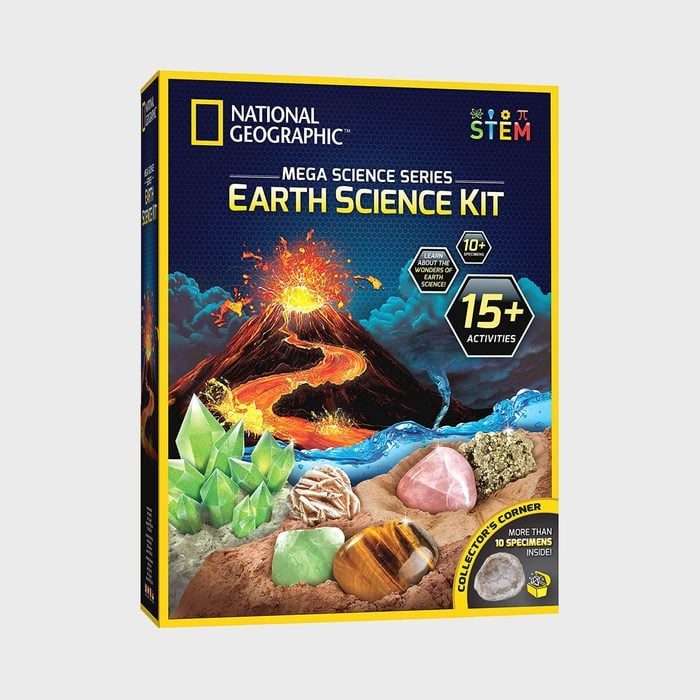 Kit showcases colorful crystals with erupting volcano, set in educational packaging emphasizing earth science activities. Text highlights 