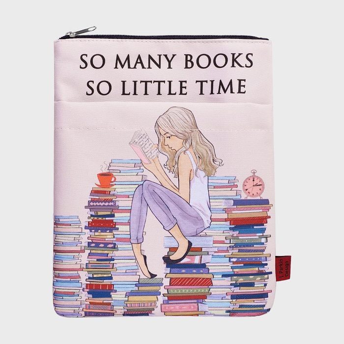Illustrated person reads a book, sitting on stacked books, with a small clock and cup nearby. Text: 