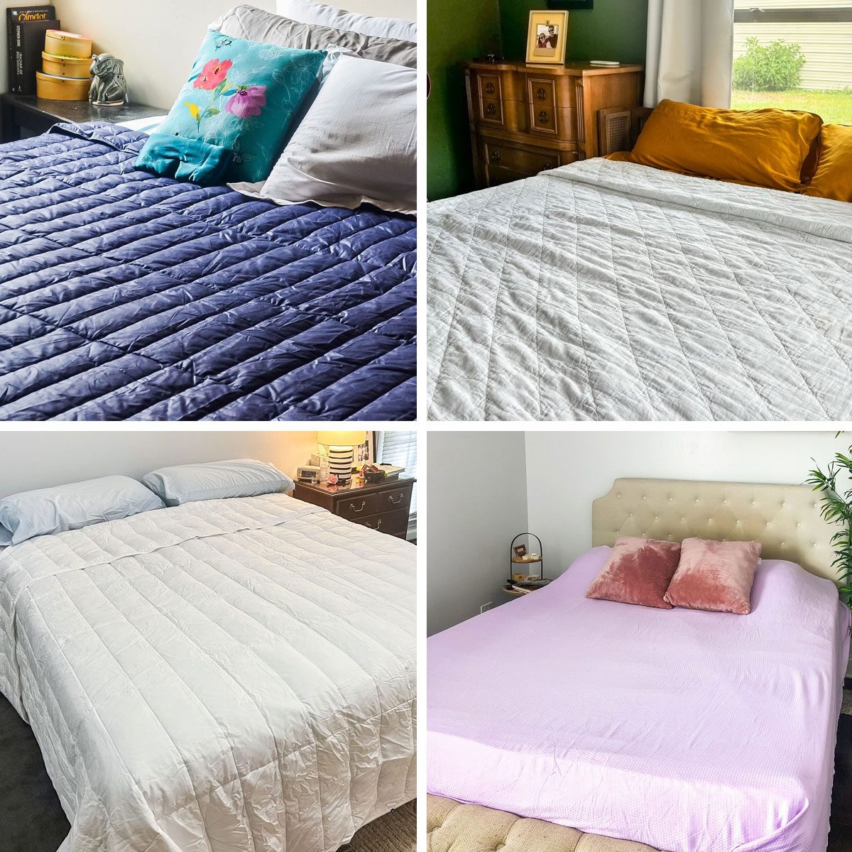 Beds with colorful quilts are neatly made; each room features unique pillows and bedside tables, creating cozy and varied bedroom environments.