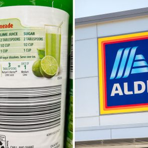 Bottle shows limeade recipe with ingredients and barcode; building features ALDI sign on blue and yellow background, indicating a store location.