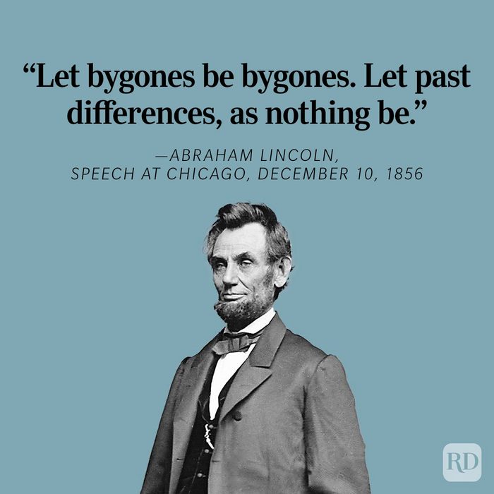 Portrait of a historical figure beneath a quote about bygones, set against a plain blue background.
